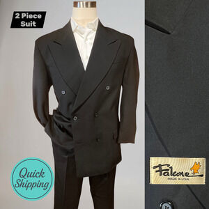 Vintage Falcone 42L 34x29 Black Double Breasted Power Suit